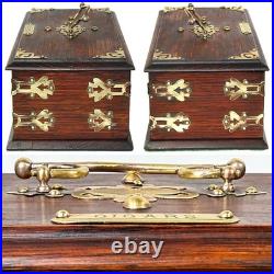 Antique Edwardian Era 11.5 Solid Oak & Gothic Revival Brass Straps Cigars Box