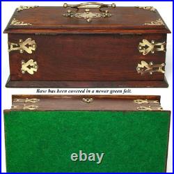 Antique Edwardian Era 11.5 Solid Oak & Gothic Revival Brass Straps Cigars Box