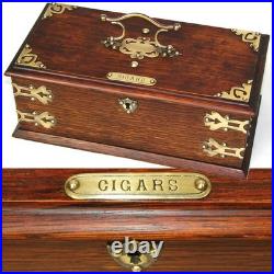 Antique Edwardian Era 11.5 Solid Oak & Gothic Revival Brass Straps Cigars Box