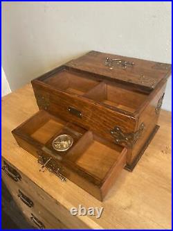 Antique English Brass Mounted Oak Automated Cigar Box / Humidor 1890