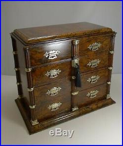Antique, English Burr Walnut and Brass Cigar Cabinet / Humidor c. 1880