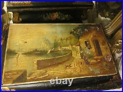 Antique English Hand Painted Fugural Tole Tin lined Cigar Humidor Box by SMITHS
