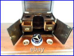 Antique English Tiger Oak Pipe Smoke Cabinet Wood Box Humidor Doulton Jar 1910s