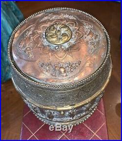 Antique French High Relief Figurative Round Brass Humidor Cigar Holder Box