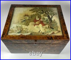 Antique French Needlepoint & Burled Wood Sewing or Work Box, Cigar Box, c1830-50