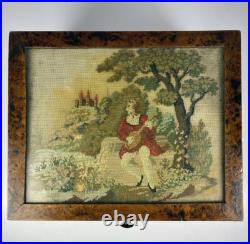 Antique French Needlepoint & Burled Wood Sewing or Work Box, Cigar Box, c1830-50