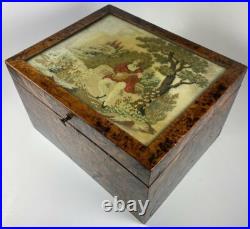 Antique French Needlepoint & Burled Wood Sewing or Work Box, Cigar Box, c1830-50