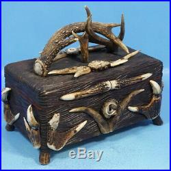 Antique German Black Forest Carved ANTLER HUMIDOR BOX Stag Rosette Hunt Dog Key