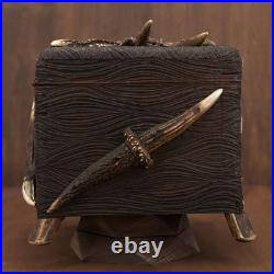 Antique German Black Forest Hunt Real Antler Oak Wood Carving Cigar Humidor Box