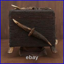 Antique German Black Forest Hunt Real Antler Oak Wood Carving Cigar Humidor Box