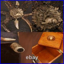 Antique German Black Forest Hunt Real Antler Oak Wood Carving Cigar Humidor Box