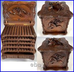 Antique Hand Carved 11.5 Swiss Black Forest Cigar Cabinet, Chest, Box Holds 55