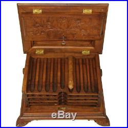 Antique Hand Carved Black Forest 13 Cigar Chest, Box, Server, 4 Trays, 32 Cigar