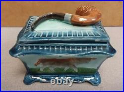 Antique Humidor Austrian Majolica PIPE Lid with COW base tobacco jar box