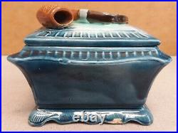 Antique Humidor Austrian Majolica PIPE Lid with COW base tobacco jar box