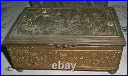 Antique JB JENNINGS BRS. REPOUSSE CIGAR CIGARETTE FOOTED HINGED WOOD LINED BOX
