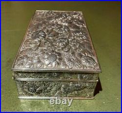 Antique Japanese Silver Plated Cigar / Cigarette Box Humidor Embossed Flowers