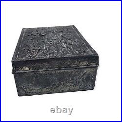 Antique Japanese Tobacco Humidor Desk Box Pagoda Raised Relief Silver Metal