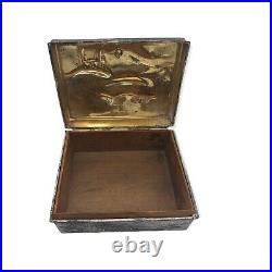 Antique Japanese Tobacco Humidor Desk Box Pagoda Raised Relief Silver Metal