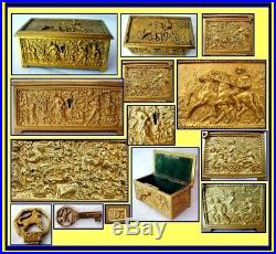 Antique Jewelry Cigar Box Gilt Bronze Ormolu Humidor Relief Sculpture (1161)