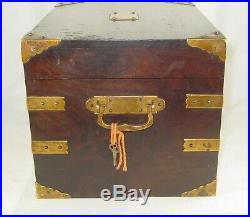Antique Mahogany Brass Cigar Box Humidor With Milk Glass Lining, 19th C. With Key