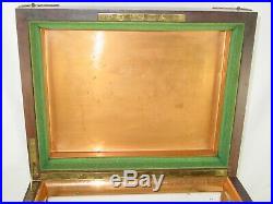 Antique Mahogany Brass Cigar Box Humidor With Milk Glass Lining, 19th C. With Key