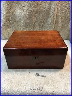 Antique Mahogany Wooden Metal Lined Humidor Box With Key