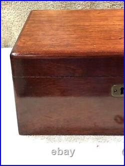 Antique Mahogany Wooden Metal Lined Humidor Box With Key