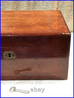 Antique Mahogany Wooden Metal Lined Humidor Box With Key