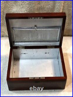 Antique Mahogany Wooden Metal Lined Humidor Box With Key