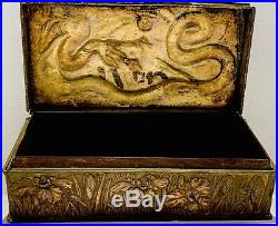 Antique Metal Tobacco Humidor Box with Raised Dragon and Flower Decoration