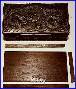 Antique Metal Tobacco Humidor Box with Raised Dragon and Flower Decoration