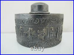 Antique Silver Plate DUTCH Figural REPOUSSE Tobacco Box Jar with Lid
