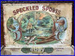 Antique Speckled Sports Wood Cigar Box FH Mertz Saginaw MI Fishing Scene Rare