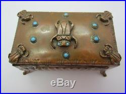 Antique Stamped Copper Humidor Box with Applied Scarab Beetles Blue Stones Glass