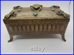 Antique Stamped Copper Humidor Box with Applied Scarab Beetles Blue Stones Glass