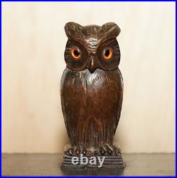 Antique Swiss Black Forest Owl Cigar Box With Original Tin Lining Hand Carved