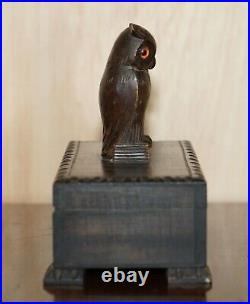 Antique Swiss Black Forest Owl Cigar Box With Original Tin Lining Hand Carved