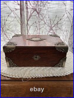 Antique Tiger Wood Cigar Box Humidor With Silver tone Corners And Embellishments