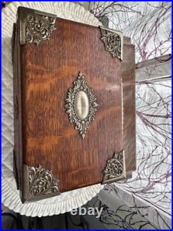 Antique Tiger Wood Cigar Box Humidor With Silver tone Corners And Embellishments