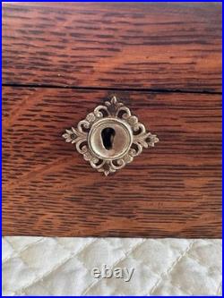 Antique Tiger Wood Cigar Box Humidor With Silver tone Corners And Embellishments