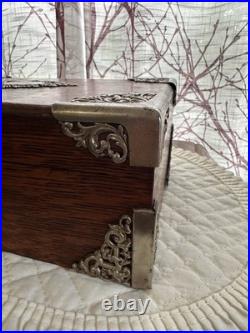 Antique Tiger Wood Cigar Box Humidor With Silver tone Corners And Embellishments