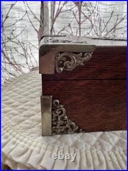 Antique Tiger Wood Cigar Box Humidor With Silver tone Corners And Embellishments