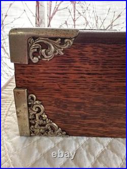 Antique Tiger Wood Cigar Box Humidor With Silver tone Corners And Embellishments