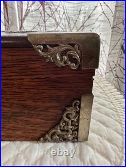 Antique Tiger Wood Cigar Box Humidor With Silver tone Corners And Embellishments