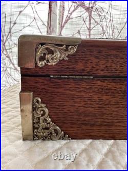 Antique Tiger Wood Cigar Box Humidor With Silver tone Corners And Embellishments