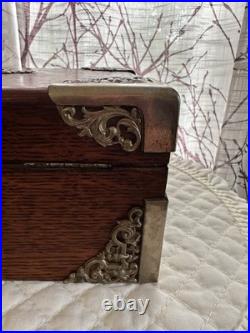 Antique Tiger Wood Cigar Box Humidor With Silver tone Corners And Embellishments