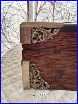 Antique Tiger Wood Cigar Box Humidor With Silver tone Corners And Embellishments