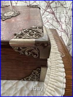 Antique Tiger Wood Cigar Box Humidor With Silver tone Corners And Embellishments