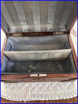 Antique Tiger Wood Cigar Box Humidor With Silver tone Corners And Embellishments